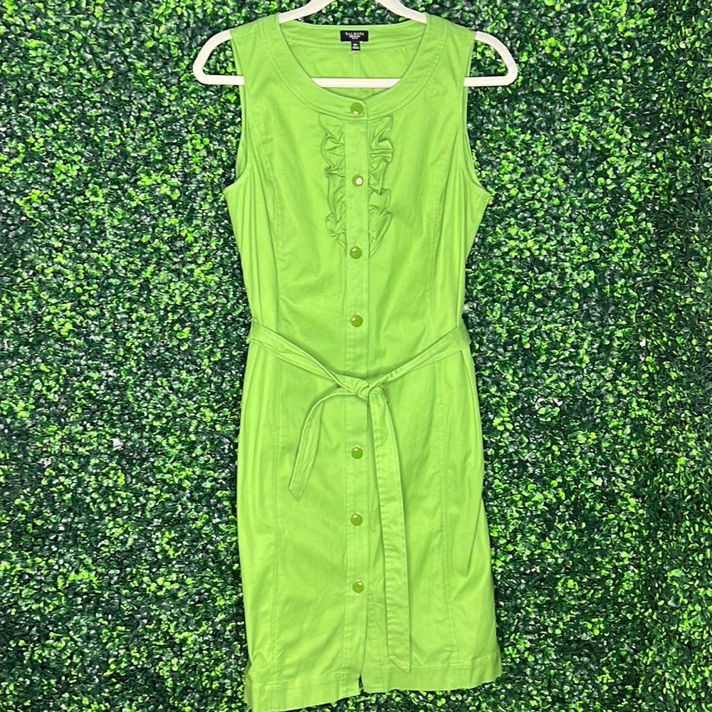 Talbots button sleeveless ruffle front midi cotton blend dress w/ tie SZ 10P